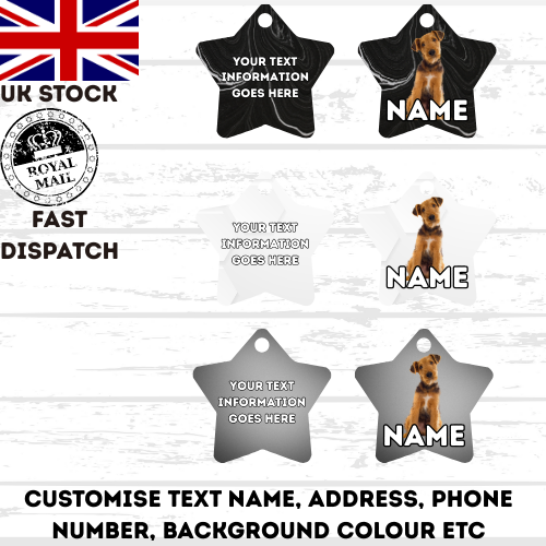 AIREDALE TERRIER TAG Dog Pet Personalise Own Photo Round, Dog Bone, Military Tag