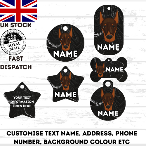 DOLBERMAN Dog Pet Personalise Own Photo Round, Bone, Military Tag