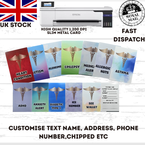 Medical Awareness Disability CARD ONLY Printed Slim Metal Card  see options
