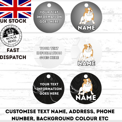 ENGLISH BULLDOG Dog Pet Personalise Own Photo Round, Bone, Military Tag