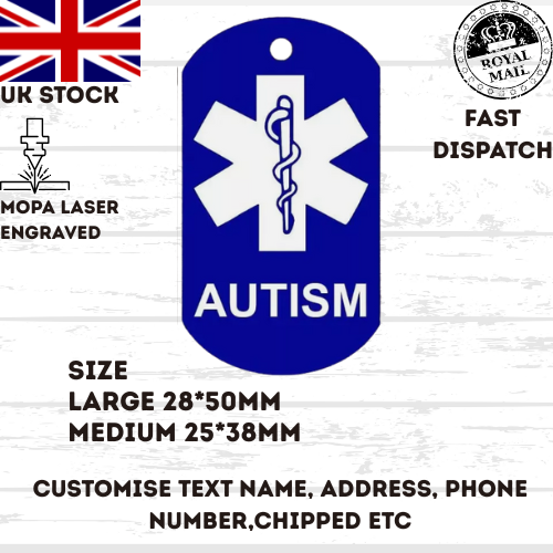 AUTISM ID Tag, Medical Alert, Keyring, Necklace, Personalized UK stock