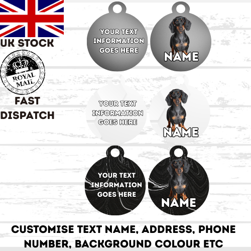 DASHAUND Dog Pet Personalise Own Photo Round, Bone, Military Tag