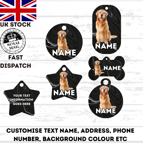 GOLDEN RETREVER Dog Pet Personalise Own Photo Round, Bone, Military Tag
