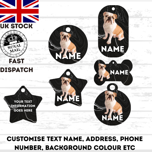 ENGLISH BULLDOG Dog Pet Personalise Own Photo Round, Bone, Military Tag