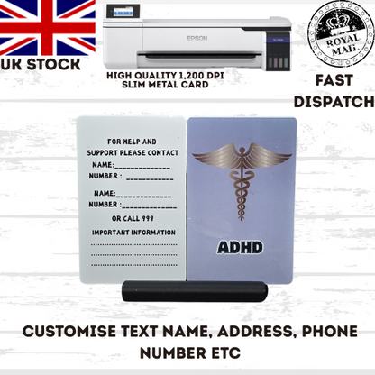 Medical awareness disability card & lanyard Printed Slim Metal Card  see options