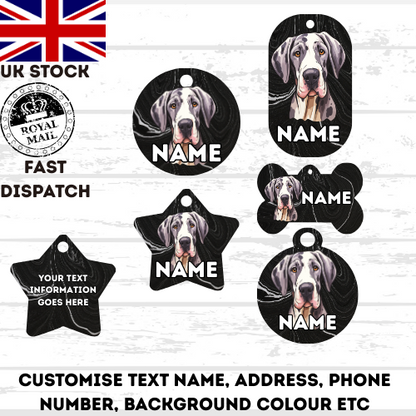 GREAT DANE Dog Pet Personalise Own Photo Round, Bone, Military Tag
