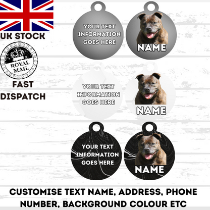AMERICAN STAFFY TAG Dog Pet Personalise Own Photo Round, Dog Bone, Military Tag