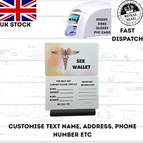 Medical awareness disability card. Printed Plastic Card see options