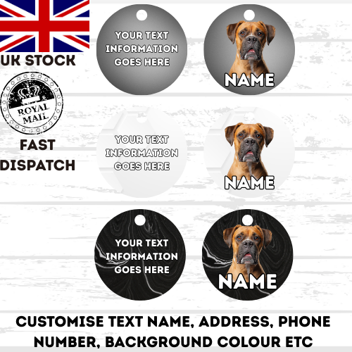 BOXER Dog Pet Personalise Own Photo Round, Bone, Military Tag