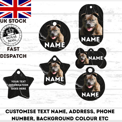 AMERICAN STAFFY TAG Dog Pet Personalise Own Photo Round, Dog Bone, Military Tag
