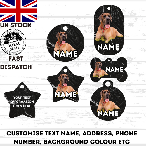 GREAT DANE Dog Pet Personalise Own Photo Round, Bone, Military Tag