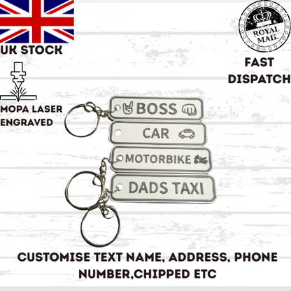 4D Customisable Car WHITE-BLACK Reg Plate Keyring Keychain Personalised
