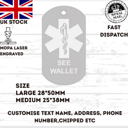 ICE TAG ID Medical Alert Keyring, Tag, Necklace, Personalized Keyring UK stock