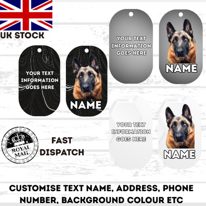 GERMAN SHEPHERD Dog Pet Personalise Own Photo Round, Bone, Military Tag