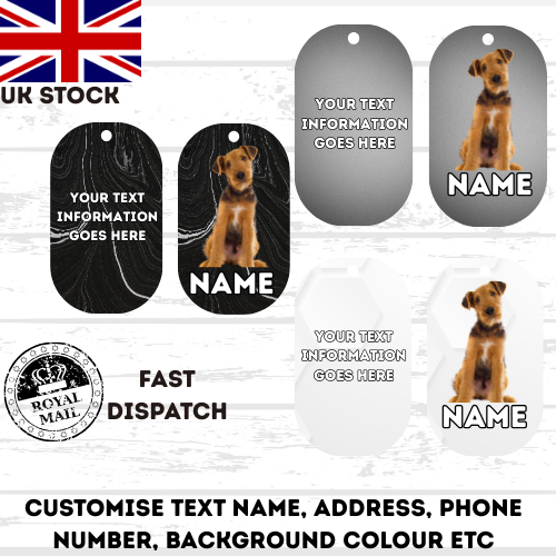 AIREDALE TERRIER TAG Dog Pet Personalise Own Photo Round, Dog Bone, Military Tag