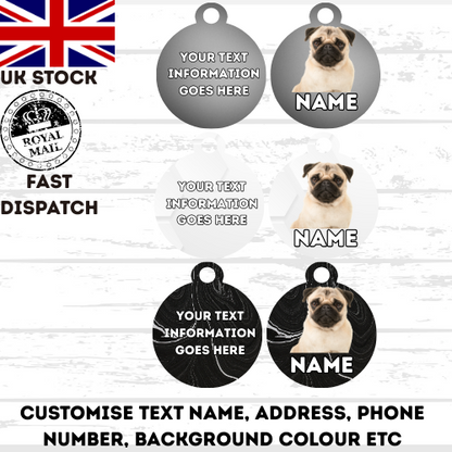 PUG Dog Personalised Your Own Photo Round Dog Bone, Military Tag