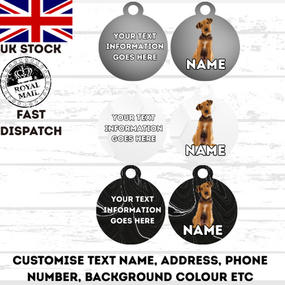 AIREDALE TERRIER TAG Dog Pet Personalise Own Photo Round, Dog Bone, Military Tag