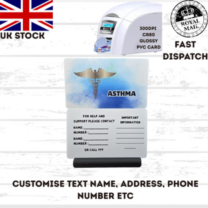 Medical awareness disability card. Printed Plastic Card see options