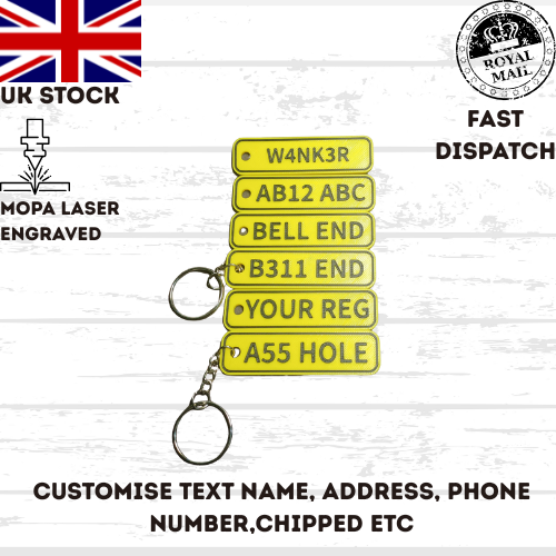 4D Customisable Car YELLOW-BLACK Reg Plate Keyring Keychain Personalised