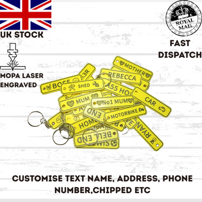 4D Customisable Car YELLOW-BLACK Reg Plate Keyring Keychain Personalised