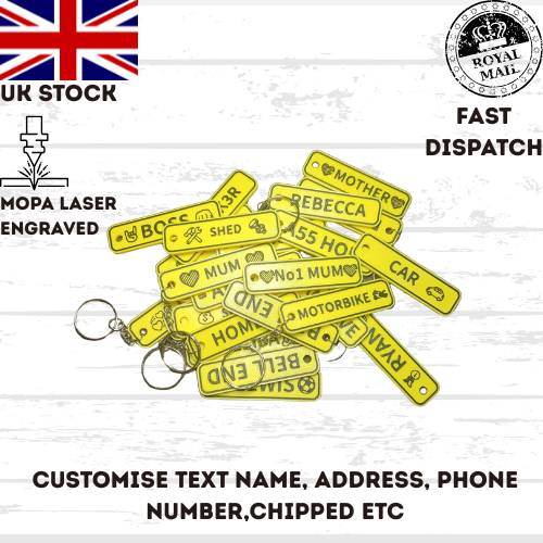 4D Customisable Car YELLOW-BLACK Reg Plate Keyring Keychain Personalised