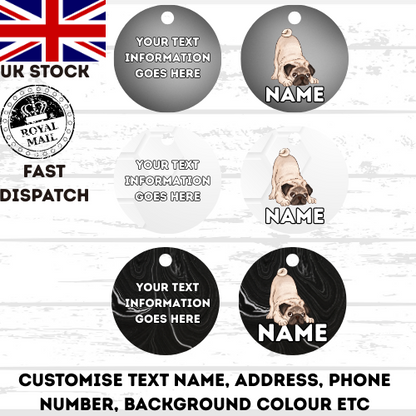 PUG Dog Personalised Your Own Photo Round Dog Bone, Military Tag