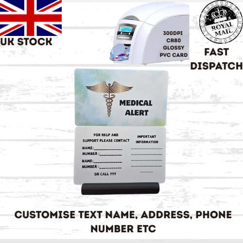 Medical awareness disability card. Printed Plastic Card see options