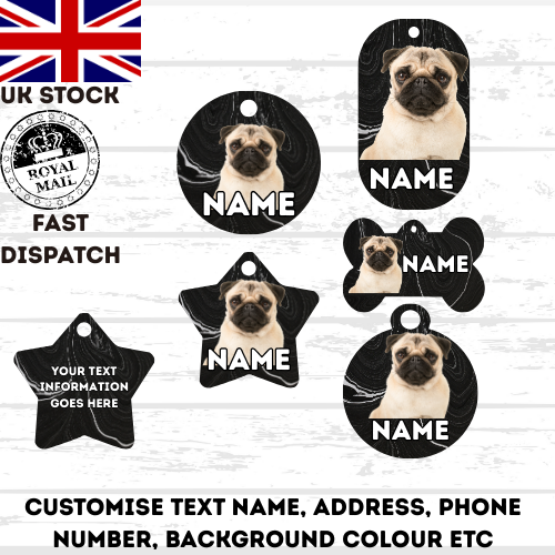 PUG Dog Personalised Your Own Photo Round Dog Bone, Military Tag