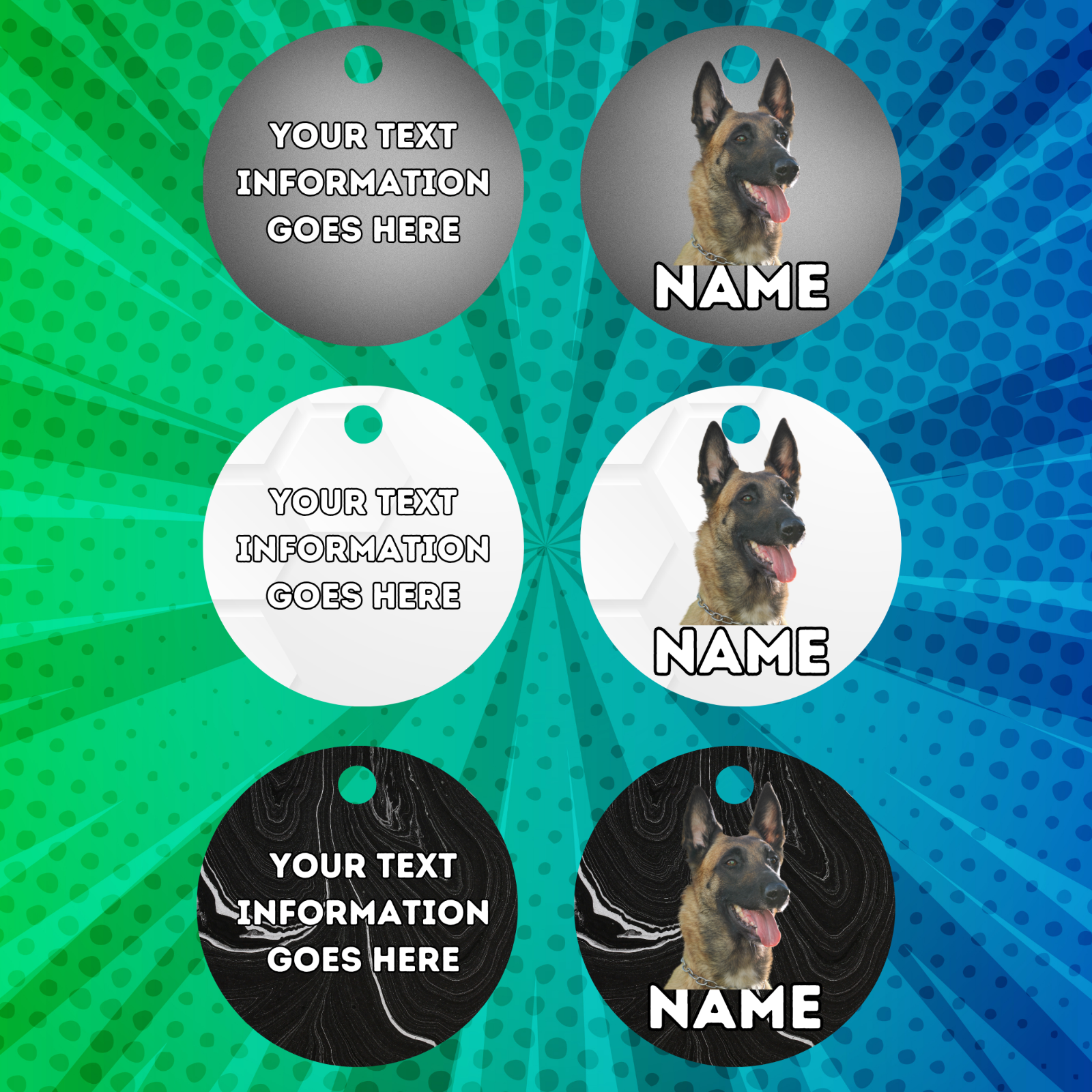 BELGIAN MALINOIS Dog Pet Personalise Own Photo Round, Bone, Military Tag