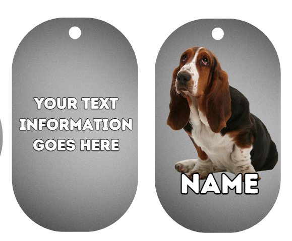 BASSET HOUND TAG Dog Pet Personalise Own Photo Round, Bone, Military Tag