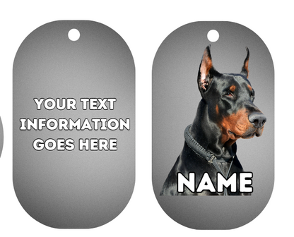 DOLBERMAN Dog Pet Personalise Own Photo Round, Bone, Military Tag