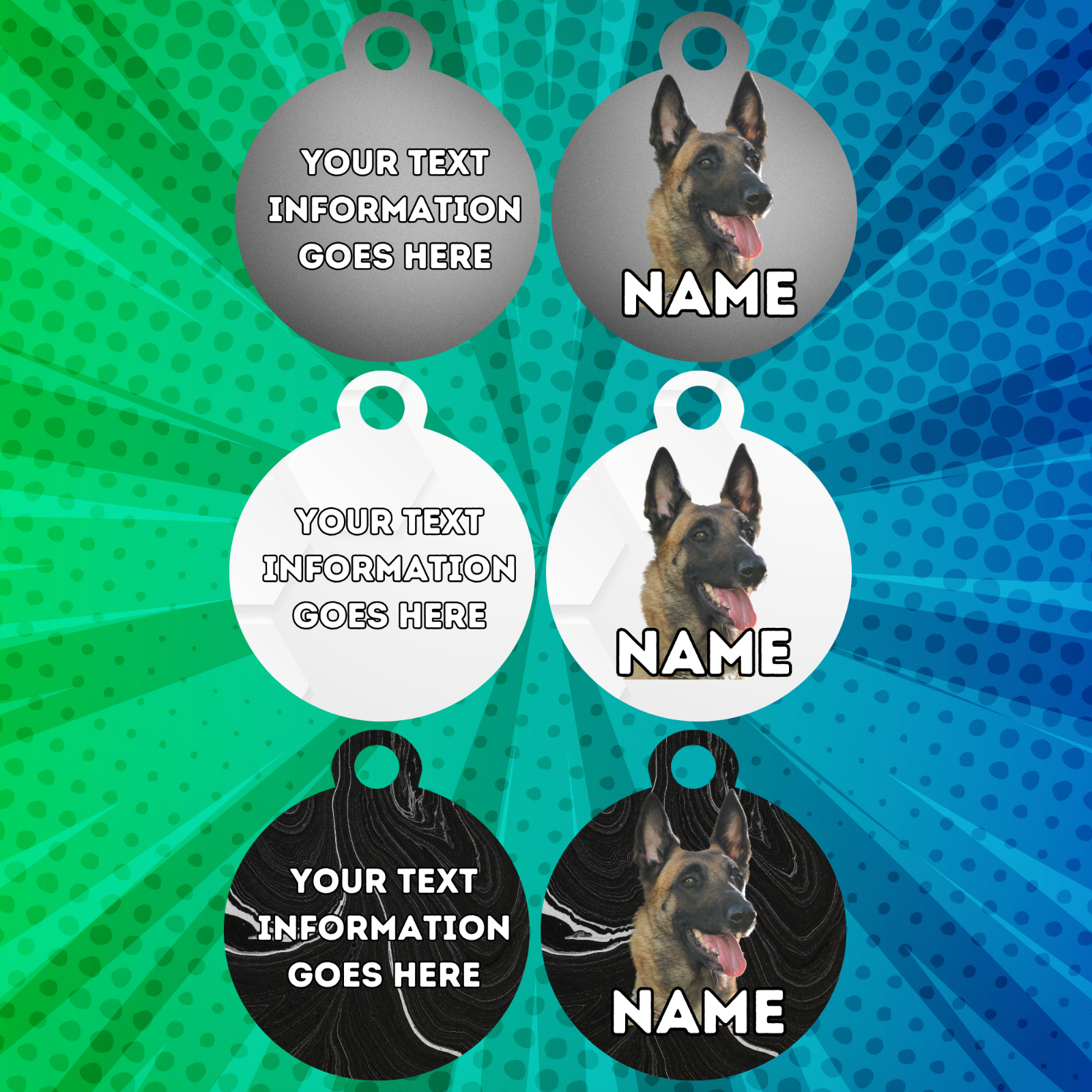 BELGIAN MALINOIS Dog Pet Personalise Own Photo Round, Bone, Military Tag