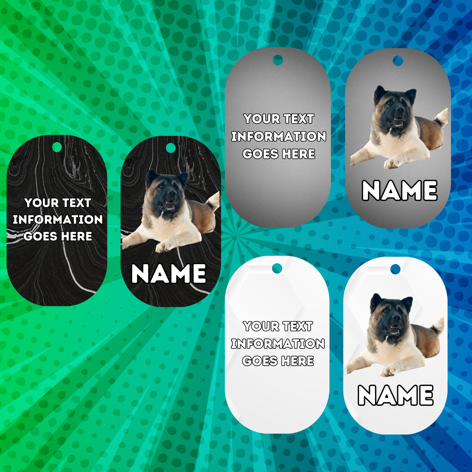 AMERICAN AKITA TAG Dog Pet Personalise Own Photo Round, Dog Bone, Military Tag