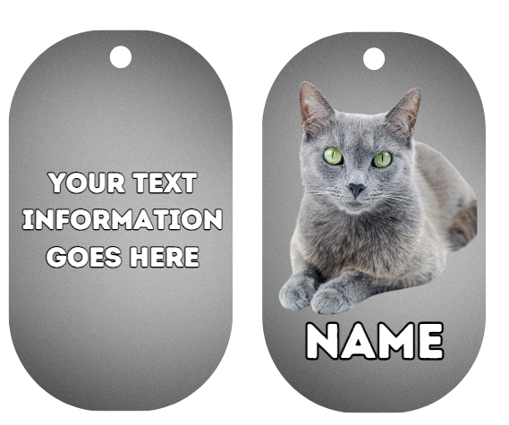 RUSSIAN BLUE Cat Pet Personalised Own Photo Round, Dog Bone, Military Tag