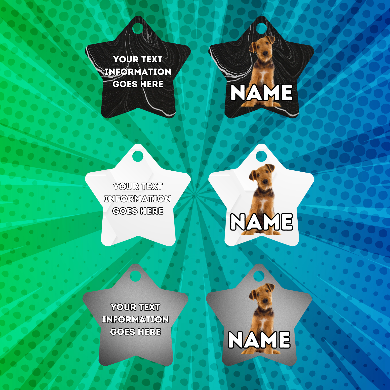 AIREDALE TERRIER TAG Dog Pet Personalise Own Photo Round, Dog Bone, Military Tag