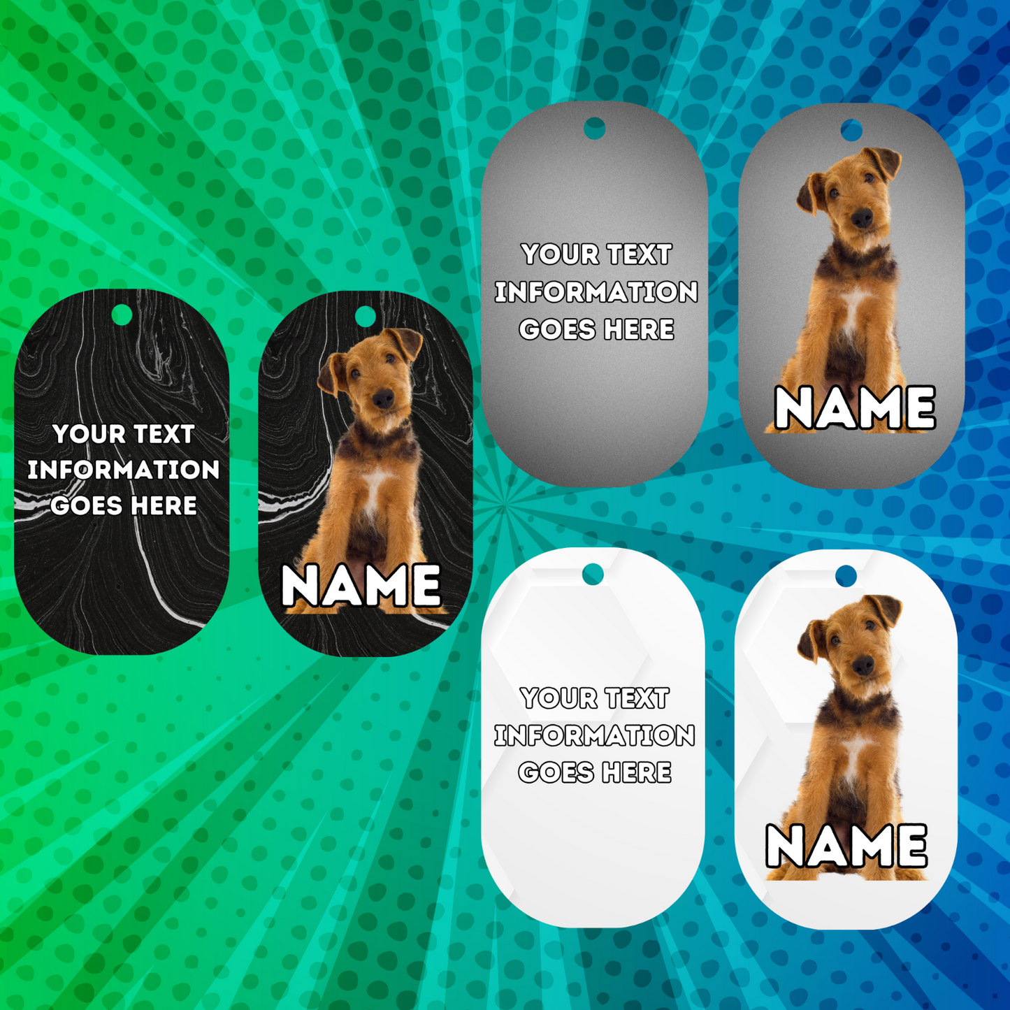 AIREDALE TERRIER TAG Dog Pet Personalise Own Photo Round, Dog Bone, Military Tag