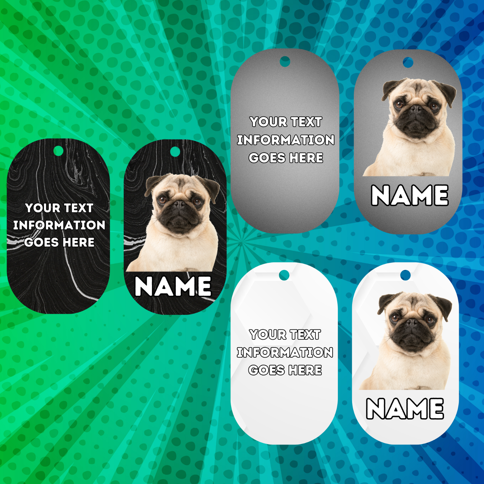 PUG Cat Tag Pet Personalised Your Own Photo Military Style Tag