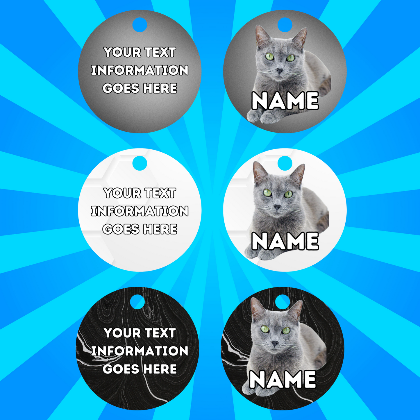 RUSSIAN BLUE Cat Pet Personalised Own Photo Round, Dog Bone, Military Tag