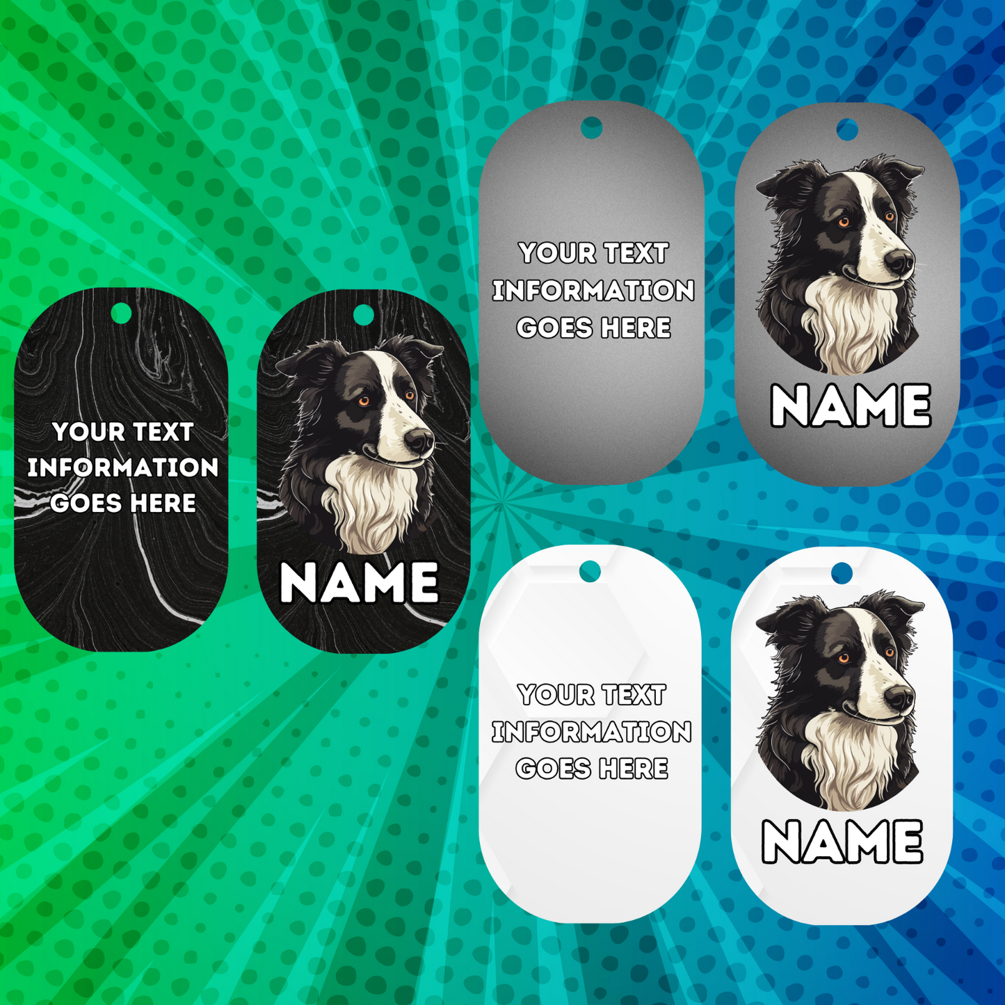 BORDER COLLIE Dog Pet Personalise Own Photo Round, Bone, Military Tag