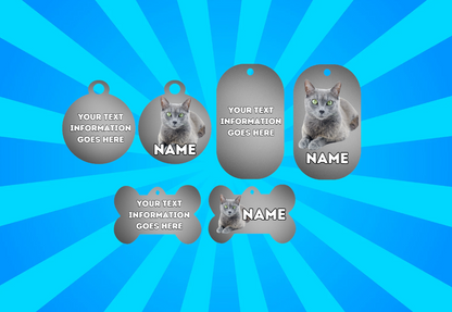 RUSSIAN BLUE Cat Pet Personalised Own Photo Round, Dog Bone, Military Tag