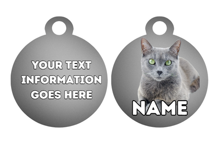 RUSSIAN BLUE Cat Pet Personalised Own Photo Round, Dog Bone, Military Tag