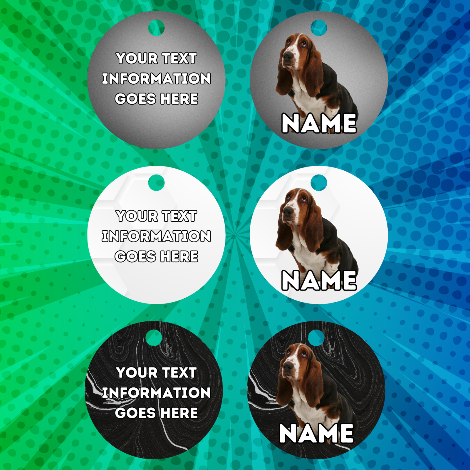 BASSET HOUND TAG Dog Pet Personalise Own Photo Round, Bone, Military Tag