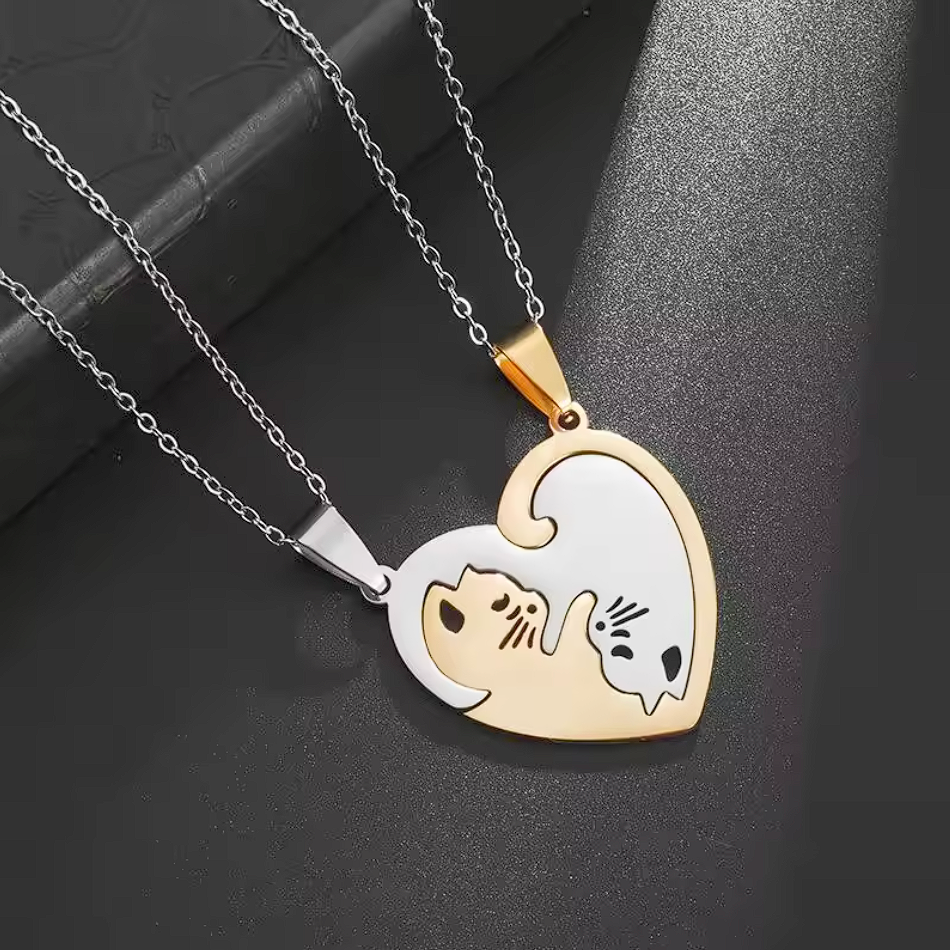 MOTHERS DAY Necklace Hug Love Cat Pairing Couple Friend Stainless Steel