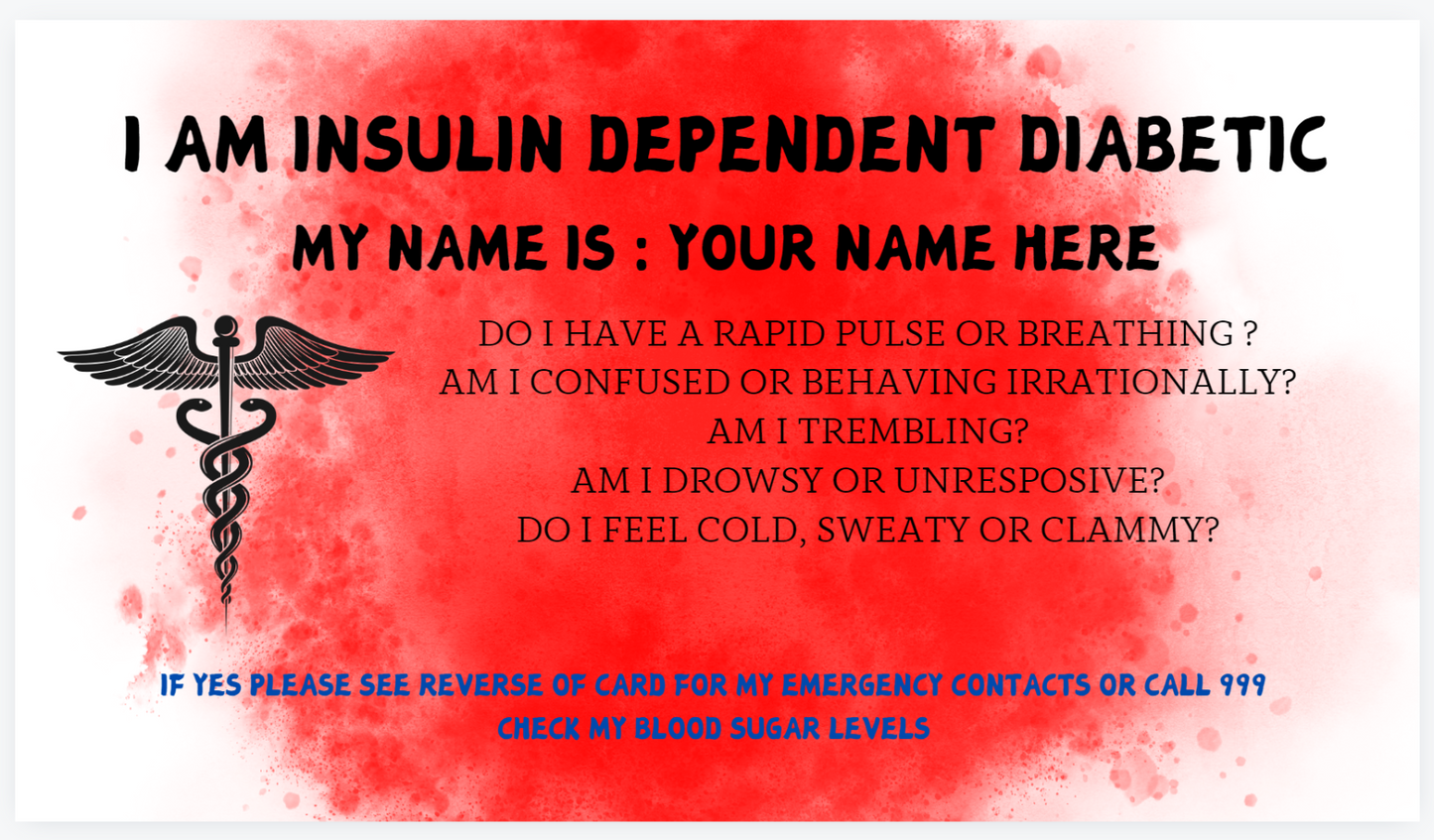 Insulin Dependent Diabetic Awareness Card Free Lanyard and Holder