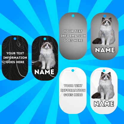 RAGDOLL Cat Pet Personalised Own Photo Round, Dog Bone, Military Tag