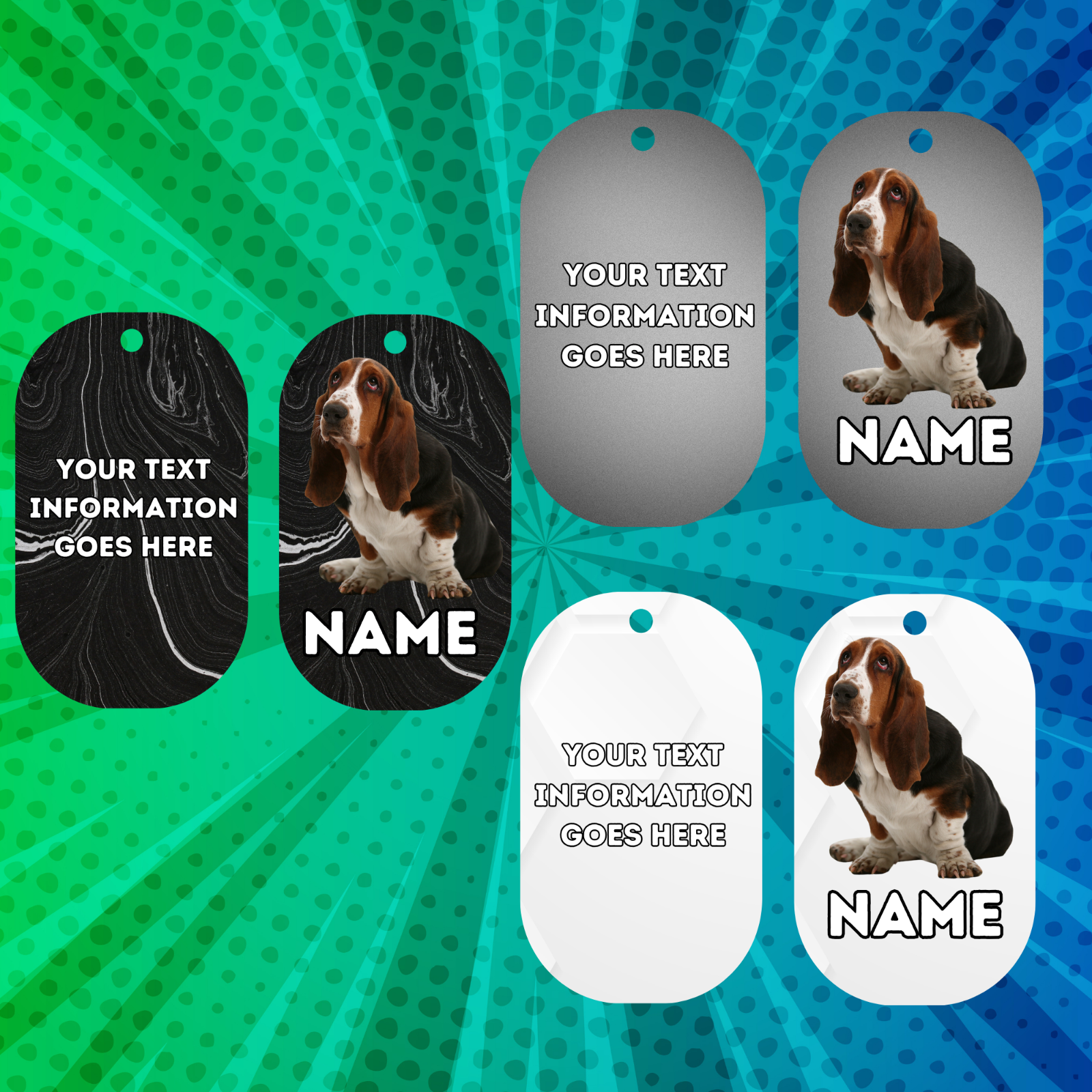 BASSET HOUND TAG Dog Pet Personalise Own Photo Round, Bone, Military Tag