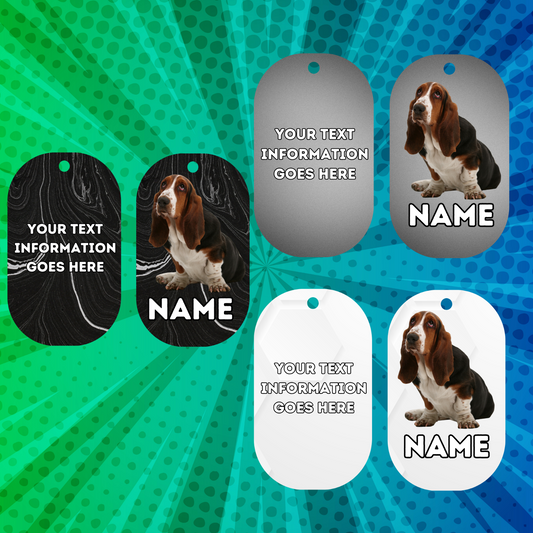 BASSET HOUND TAG Dog Pet Personalise Own Photo Round, Bone, Military Tag