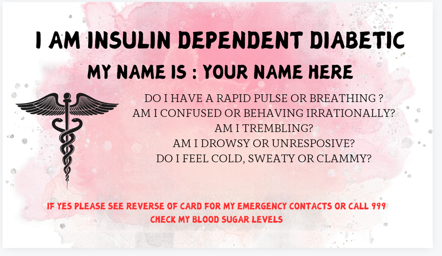 Insulin Dependent Diabetic Awareness Card Free Lanyard and Holder