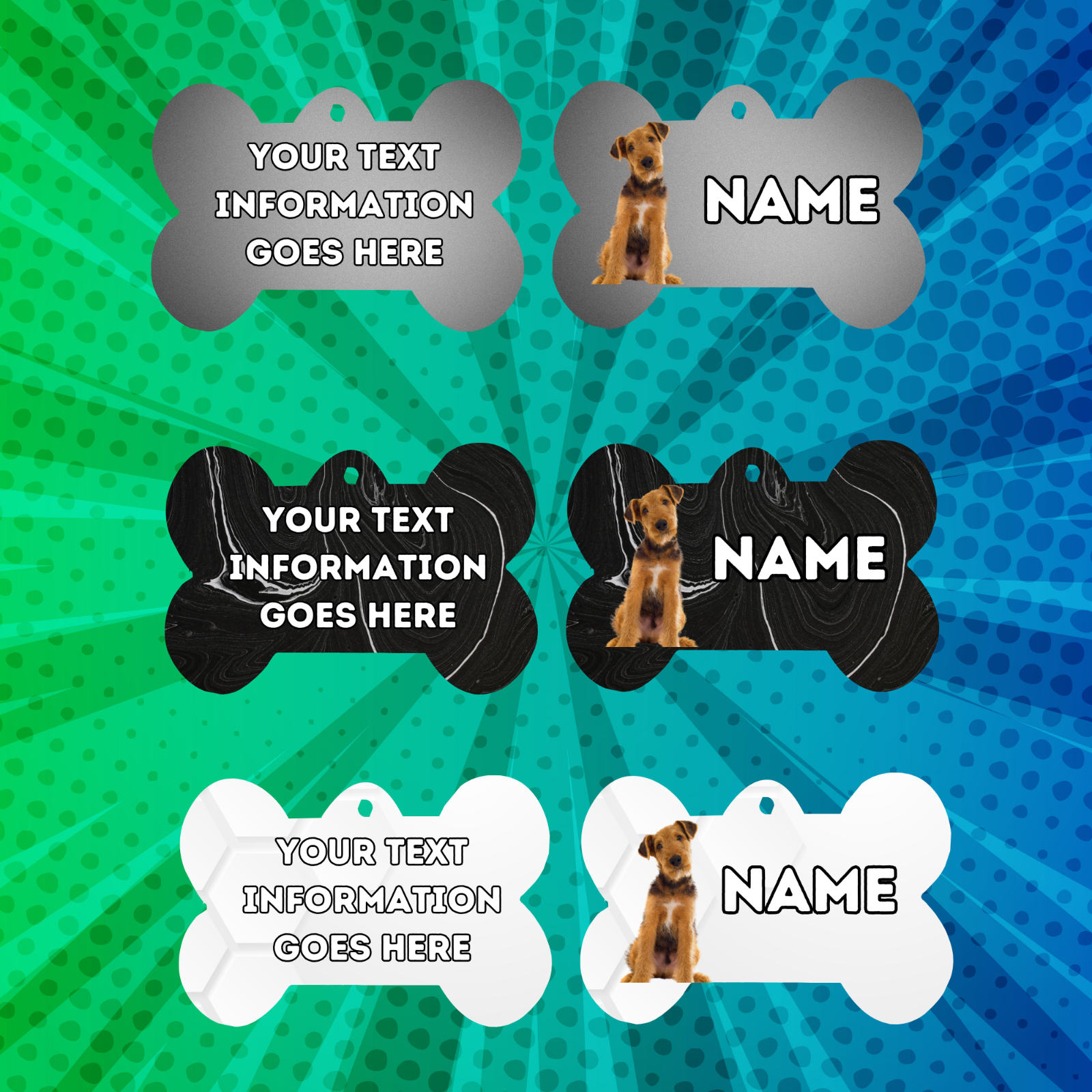 AIREDALE TERRIER TAG Dog Pet Personalise Own Photo Round, Dog Bone, Military Tag