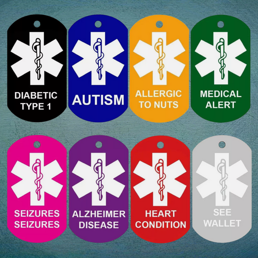 Medical Alert Keyring ID Tag Necklace, - Personalized 10 COLORS UK stock